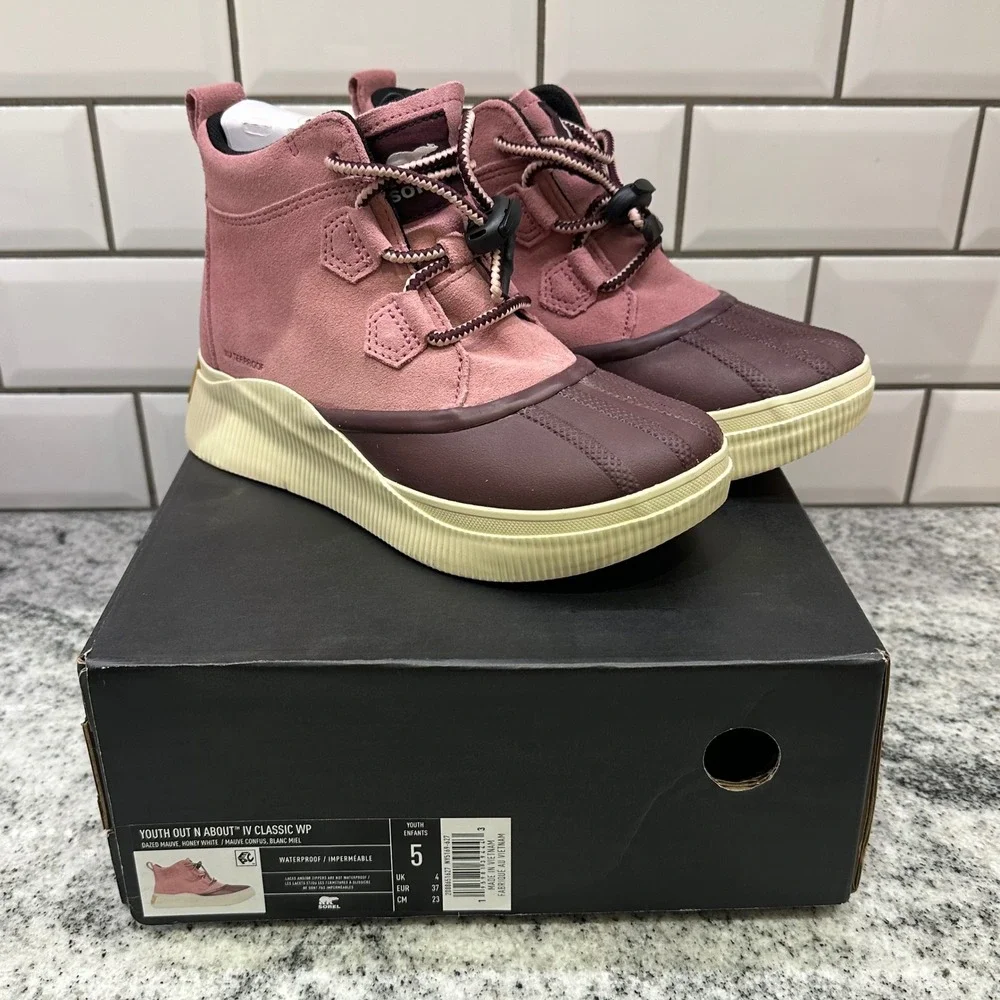 Sorel Kids 5 Out N About IV Classic WP Boots Mauve Burgundy Waterproof Duck Boot